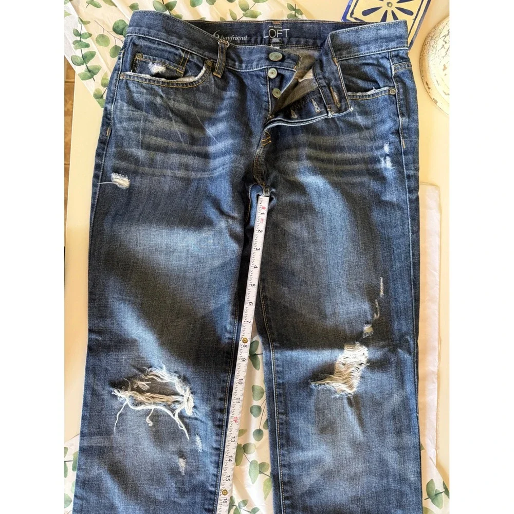 Ann Taylor Loft Boyfriend Jeans Distressed Ripped Blue Denim Button Fly Size 6 - Picture 9 of 12